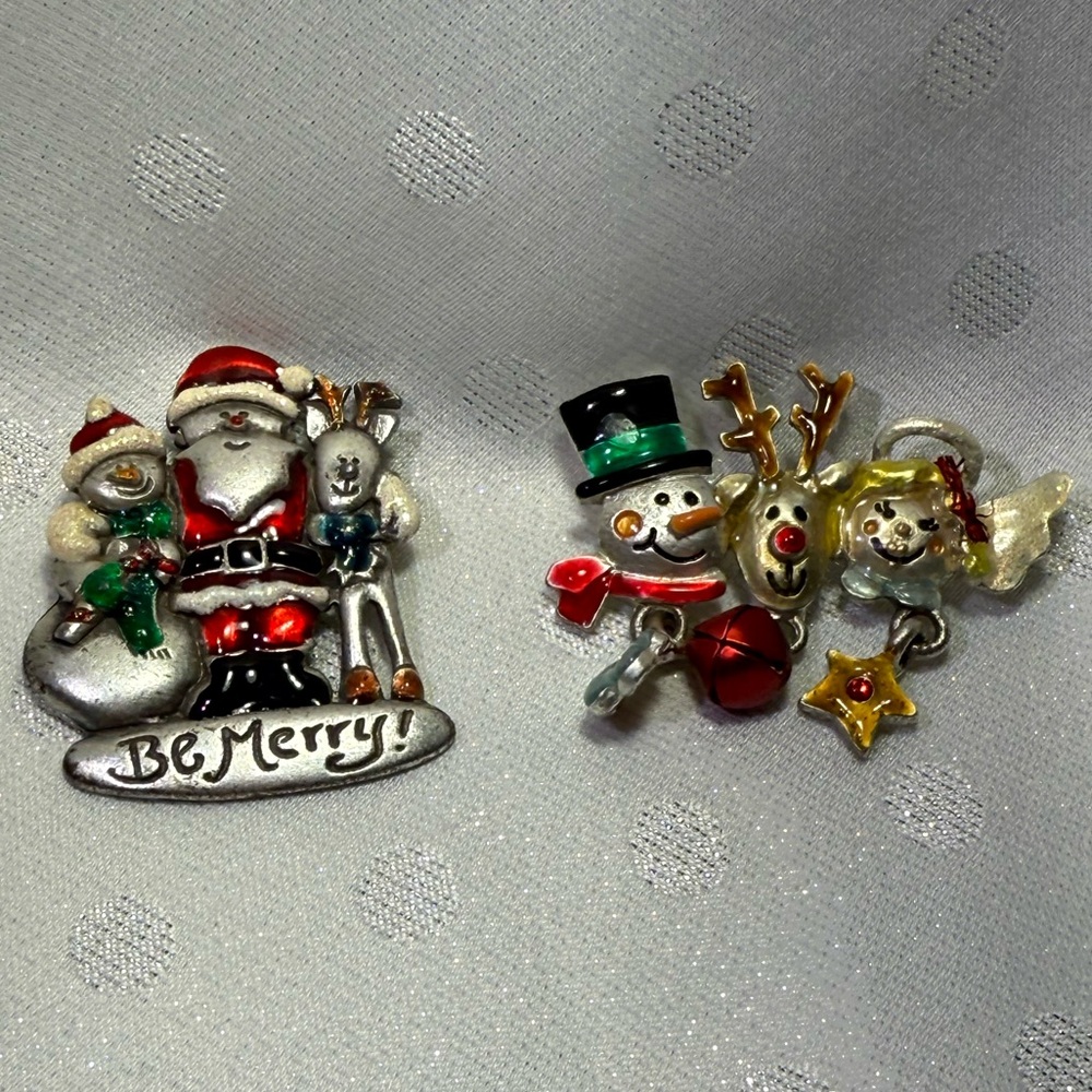 🎄 Vintage AJMC Christmas Brooch Set 2 – Santa “Be Merry” & Snowman Reindeer Trio